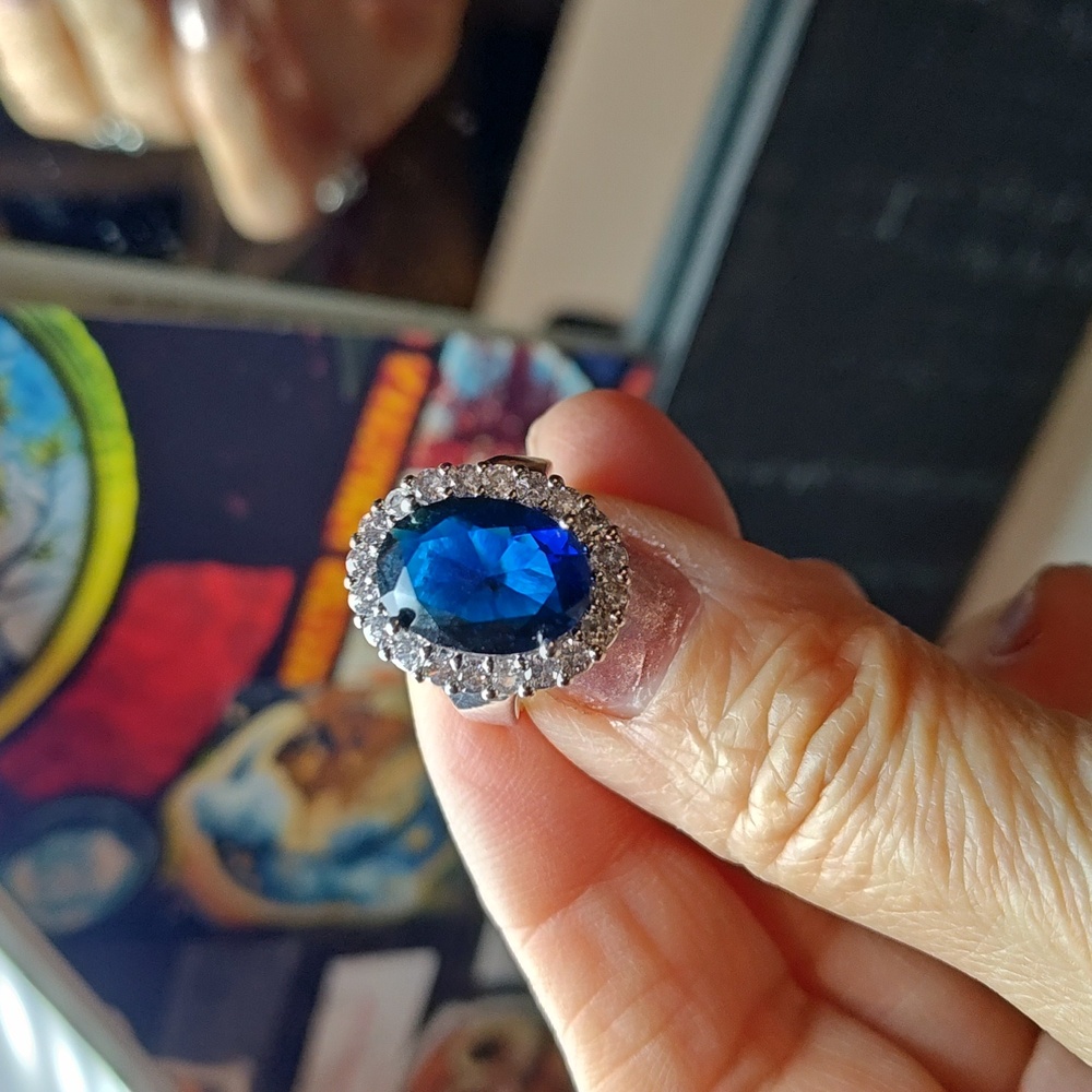 Sapphire & Diamond Silver (Faux) Fashion Cocktail Style Ring - Size 5 3/4 - Picture 4 of 8
